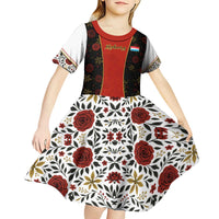 Luxembourg Kid Short Sleeve Dress with Floral Folk Embroidery and Red Black Pattern Design