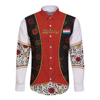 Luxembourg Long Sleeve Button Shirt with Floral Folk Embroidery and Red Black Pattern Design