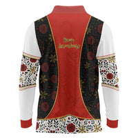 Luxembourg Long Sleeve Polo Shirt with Floral Folk Embroidery and Red Black Pattern Design