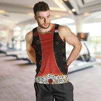 Luxembourg Men Tank Top with Floral Folk Embroidery and Red Black Pattern Design
