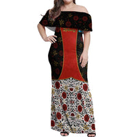Luxembourg Off Shoulder Maxi Dress with Floral Folk Embroidery and Red Black Pattern Design