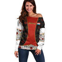 Luxembourg Off Shoulder Sweater with Floral Folk Embroidery and Red Black Pattern Design