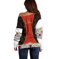 Luxembourg Off Shoulder Sweater with Floral Folk Embroidery and Red Black Pattern Design