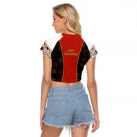 Luxembourg Raglan Cropped T Shirt with Floral Folk Embroidery and Red Black Pattern Design