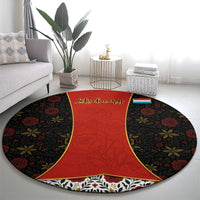 Luxembourg Round Carpet with Floral Folk Embroidery and Red Black Pattern Design