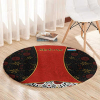 Luxembourg Round Carpet with Floral Folk Embroidery and Red Black Pattern Design