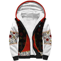 Luxembourg Sherpa Hoodie with Floral Folk Embroidery and Red Black Pattern Design