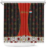 Luxembourg Shower Curtain with Floral Folk Embroidery and Red Black Pattern Design