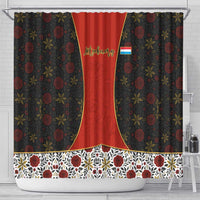 Luxembourg Shower Curtain with Floral Folk Embroidery and Red Black Pattern Design