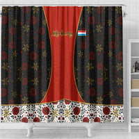 Luxembourg Shower Curtain with Floral Folk Embroidery and Red Black Pattern Design