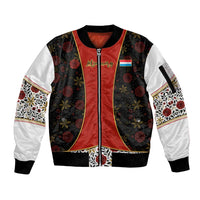 Luxembourg Sleeve Zip Bomber Jacket with Floral Folk Embroidery and Red Black Pattern Design