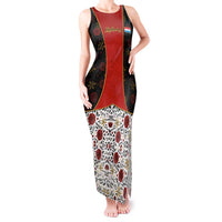 Luxembourg Tank Maxi Dress with Floral Folk Embroidery and Red Black Pattern Design