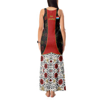 Luxembourg Tank Maxi Dress with Floral Folk Embroidery and Red Black Pattern Design