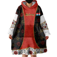 Luxembourg Wearable Blanket Hoodie with Floral Folk Embroidery and Red Black Pattern Design
