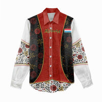 Luxembourg Women Casual Shirt with Floral Folk Embroidery and Red Black Pattern Design