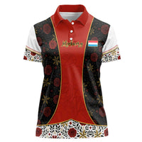 Luxembourg Women Polo Shirt with Floral Folk Embroidery and Red Black Pattern Design