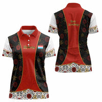 Luxembourg Women Polo Shirt with Floral Folk Embroidery and Red Black Pattern Design