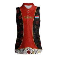 Luxembourg Women Sleeveless Polo Shirt with Floral Folk Embroidery and Red Black Pattern Design