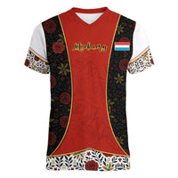 Luxembourg Women V-Neck T-Shirt with Floral Folk Embroidery and Red Black Pattern Design