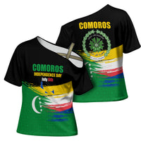 Comoros Independence Day Cross Shoulder Shirt Comorian Flag Brush Stroke National Pride Graphic