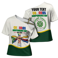 Personalized Comoros Independence Day Cross Shoulder Shirt July 6th National Pride Flag Graphic With Heritage Emblem