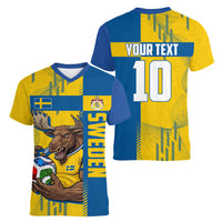 Personalized Sweden Soccer Women V-Neck T-Shirt Swedish Flag - Moose Football Mascot