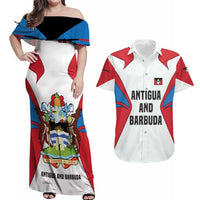 Antigua and Barbuda Flag Couples Matching Off Shoulder Maxi Dress and Hawaiian Shirt with National Coat of Arms - Wonder Print Shop
