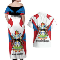 Antigua and Barbuda Flag Couples Matching Off Shoulder Maxi Dress and Hawaiian Shirt with National Coat of Arms - Wonder Print Shop