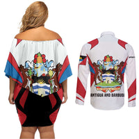 Antigua and Barbuda Flag Couples Matching Off Shoulder Short Dress and Long Sleeve Button Shirt with National Coat of Arms - Wonder Print Shop