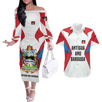 Antigua and Barbuda Flag Couples Matching Off The Shoulder Long Sleeve Dress and Hawaiian Shirt with National Coat of Arms - Wonder Print Shop