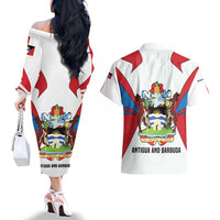 Antigua and Barbuda Flag Couples Matching Off The Shoulder Long Sleeve Dress and Hawaiian Shirt with National Coat of Arms - Wonder Print Shop