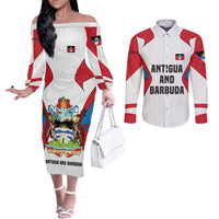 Antigua and Barbuda Flag Couples Matching Off The Shoulder Long Sleeve Dress and Long Sleeve Button Shirt with National Coat of Arms - Wonder Print Shop