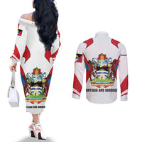 Antigua and Barbuda Flag Couples Matching Off The Shoulder Long Sleeve Dress and Long Sleeve Button Shirt with National Coat of Arms - Wonder Print Shop