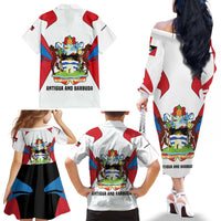 Antigua and Barbuda Flag Family Matching Off The Shoulder Long Sleeve Dress and Hawaiian Shirt with National Coat of Arms - Wonder Print Shop