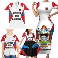Antigua and Barbuda Flag Family Matching Short Sleeve Bodycon Dress and Hawaiian Shirt with National Coat of Arms - Wonder Print Shop