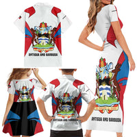 Antigua and Barbuda Flag Family Matching Short Sleeve Bodycon Dress and Hawaiian Shirt with National Coat of Arms - Wonder Print Shop