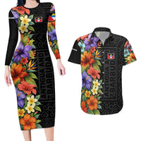 Antigua and Barbuda Floral Couples Matching Long Sleeve Bodycon Dress and Hawaiian Shirt with Tropical Hibiscus with National Flag - Wonder Print Shop