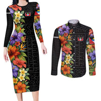 Antigua and Barbuda Floral Couples Matching Long Sleeve Bodycon Dress and Long Sleeve Button Shirt with Tropical Hibiscus with National Flag - Wonder Print Shop