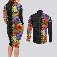 Antigua and Barbuda Floral Couples Matching Long Sleeve Bodycon Dress and Long Sleeve Button Shirt with Tropical Hibiscus with National Flag - Wonder Print Shop