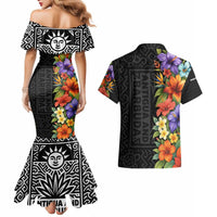 Antigua and Barbuda Floral Couples Matching Mermaid Dress and Hawaiian Shirt with Tropical Hibiscus with National Flag - Wonder Print Shop