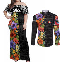 Antigua and Barbuda Floral Couples Matching Off Shoulder Maxi Dress and Long Sleeve Button Shirt with Tropical Hibiscus with National Flag - Wonder Print Shop