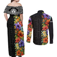 Antigua and Barbuda Floral Couples Matching Off Shoulder Maxi Dress and Long Sleeve Button Shirt with Tropical Hibiscus with National Flag - Wonder Print Shop