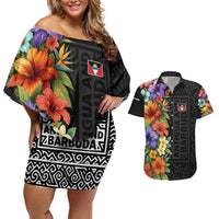 Antigua and Barbuda Floral Couples Matching Off Shoulder Short Dress and Hawaiian Shirt with Tropical Hibiscus with National Flag - Wonder Print Shop