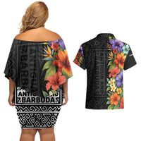 Antigua and Barbuda Floral Couples Matching Off Shoulder Short Dress and Hawaiian Shirt with Tropical Hibiscus with National Flag - Wonder Print Shop