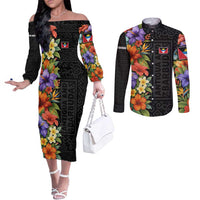 Antigua and Barbuda Floral Couples Matching Off The Shoulder Long Sleeve Dress and Long Sleeve Button Shirt with Tropical Hibiscus with National Flag - Wonder Print Shop