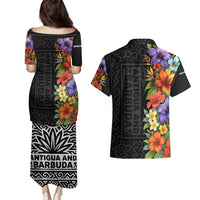 Antigua and Barbuda Floral Couples Matching Puletasi and Hawaiian Shirt with Tropical Hibiscus with National Flag - Wonder Print Shop