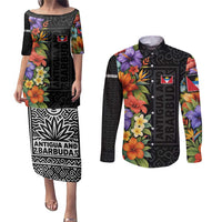 Antigua and Barbuda Floral Couples Matching Puletasi and Long Sleeve Button Shirt with Tropical Hibiscus with National Flag - Wonder Print Shop