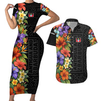 Antigua and Barbuda Floral Couples Matching Short Sleeve Bodycon Dress and Hawaiian Shirt with Tropical Hibiscus with National Flag - Wonder Print Shop
