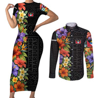 Antigua and Barbuda Floral Couples Matching Short Sleeve Bodycon Dress and Long Sleeve Button Shirt with Tropical Hibiscus with National Flag - Wonder Print Shop