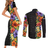 Antigua and Barbuda Floral Couples Matching Short Sleeve Bodycon Dress and Long Sleeve Button Shirt with Tropical Hibiscus with National Flag - Wonder Print Shop